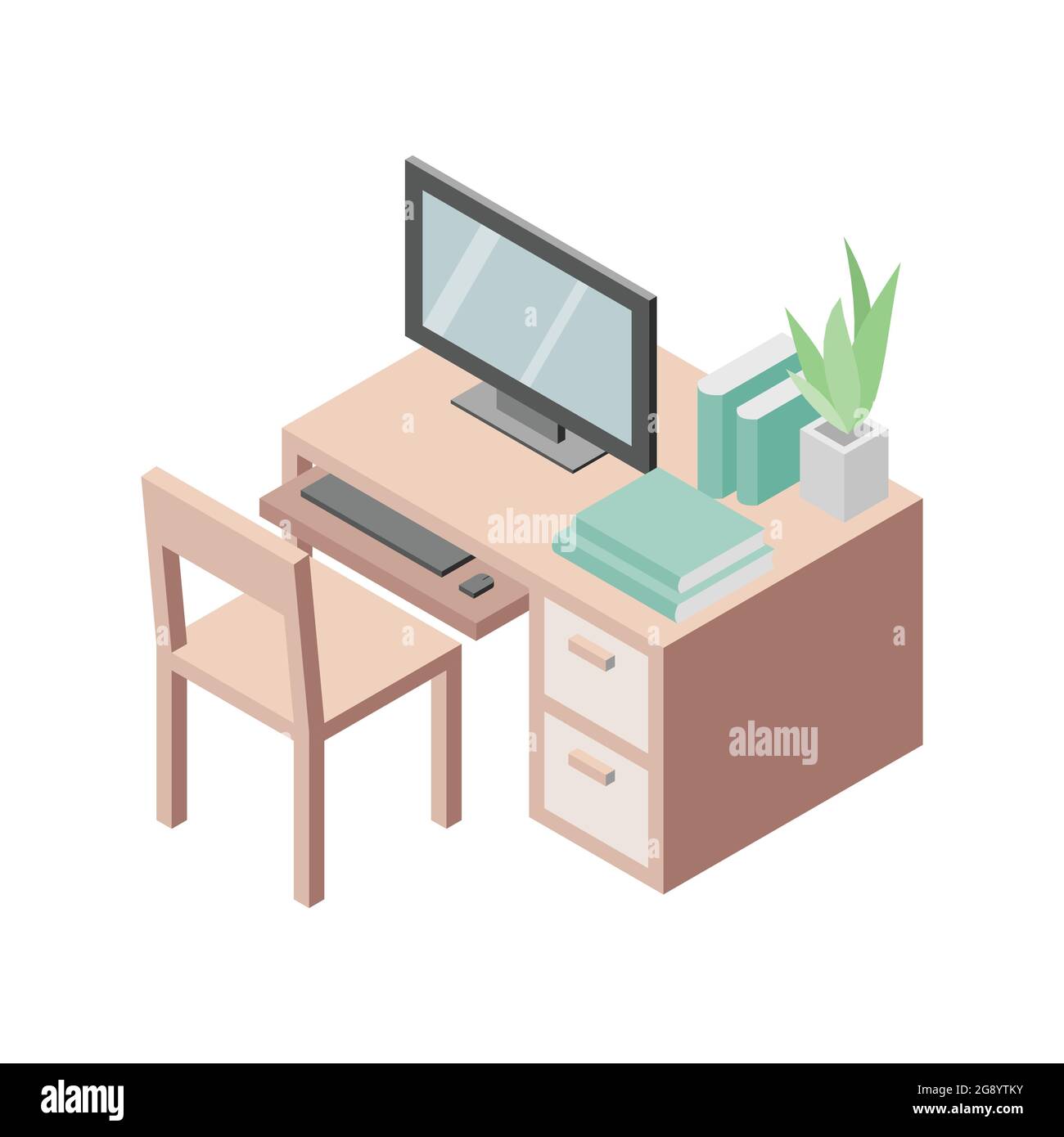 Set di mobili da tavolo da lavoro. Sedia, tavolo, computer, tastiera, libri, scaffale e impianto. Vettore di disegno isometrico. Illustrazione Vettoriale
