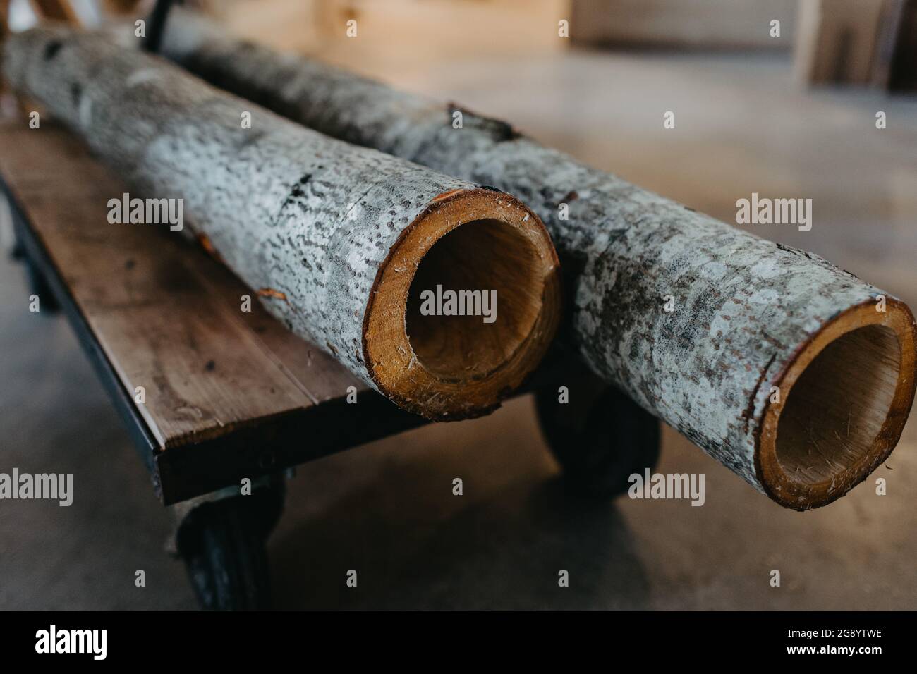 Lavorazione del legno, realizzazione di tubi in legno, didgeridoo Foto Stock