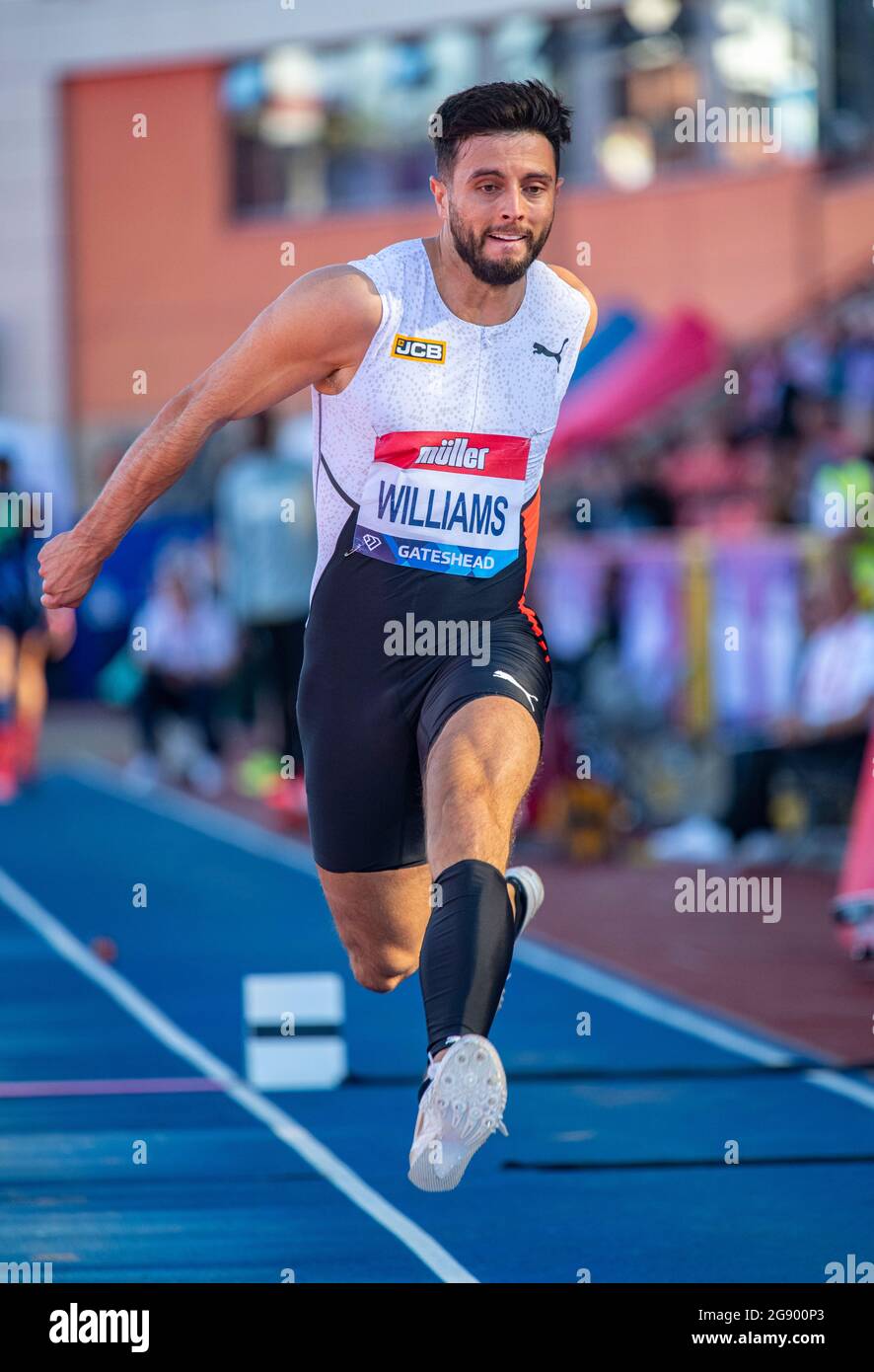 GATESHEAD, INGHILTERRA - LUGLIO 13: Benjamin Williams (GBR) gareggia nel triplo salto al Gran Premio di Gran Bretagna di Muller, parte della Wanda Diamond League Foto Stock