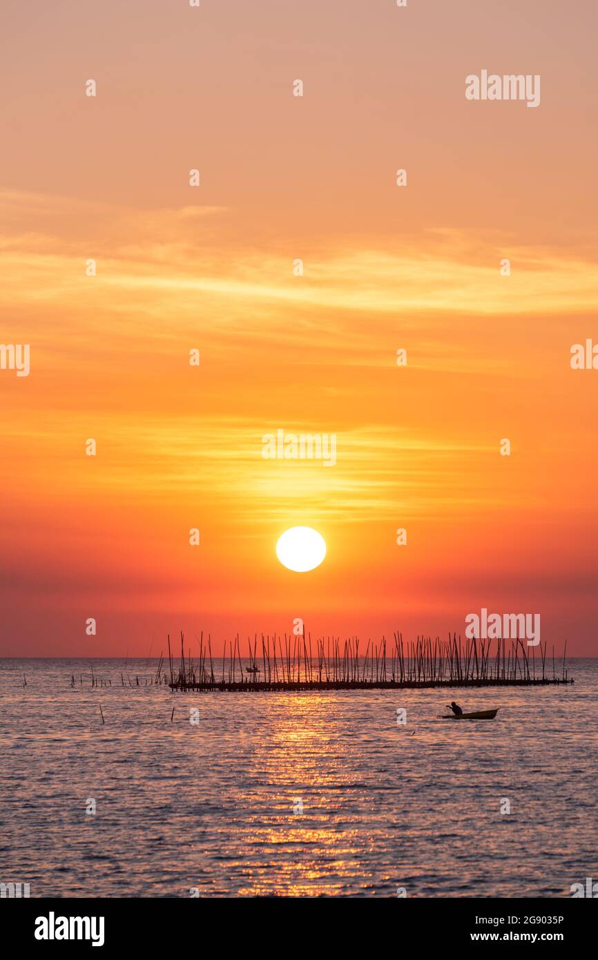 Fattoria Oyster in mare e bellissimo cielo tramonto sfondo, sole e nuvole Paesaggio natura, mare a chonburi provincia Thailandia Foto Stock