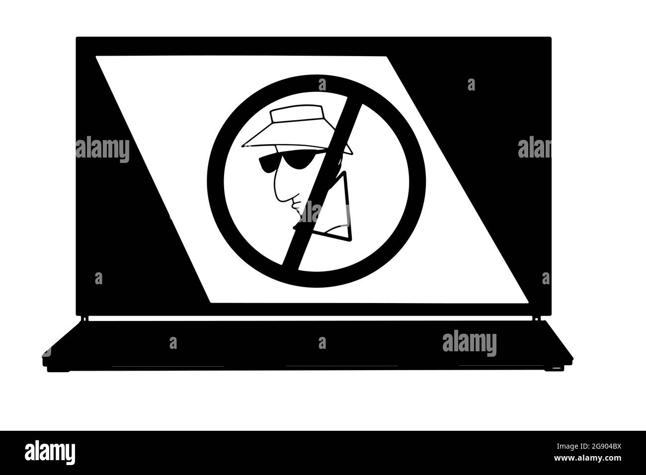 No, spia hacker ladro icona sul portatile schermo cartoon.Black colori bianco Foto Stock