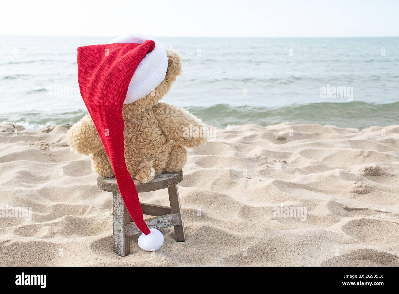 Vista posteriore dell'orsacchiotto marrone con berretto rosso di Natale su una spiaggia che si affaccia sull'acqua dell'oceano Foto Stock