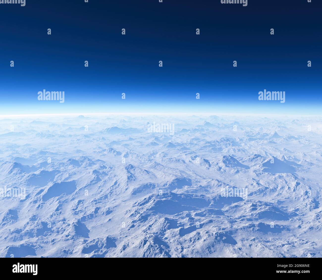 Vista satellitare, atmosfera e strato di ozono. Cambiamenti climatici. Foro per ozono. Protezione solare. Strati dell'atmosfera. rendering 3d Foto Stock