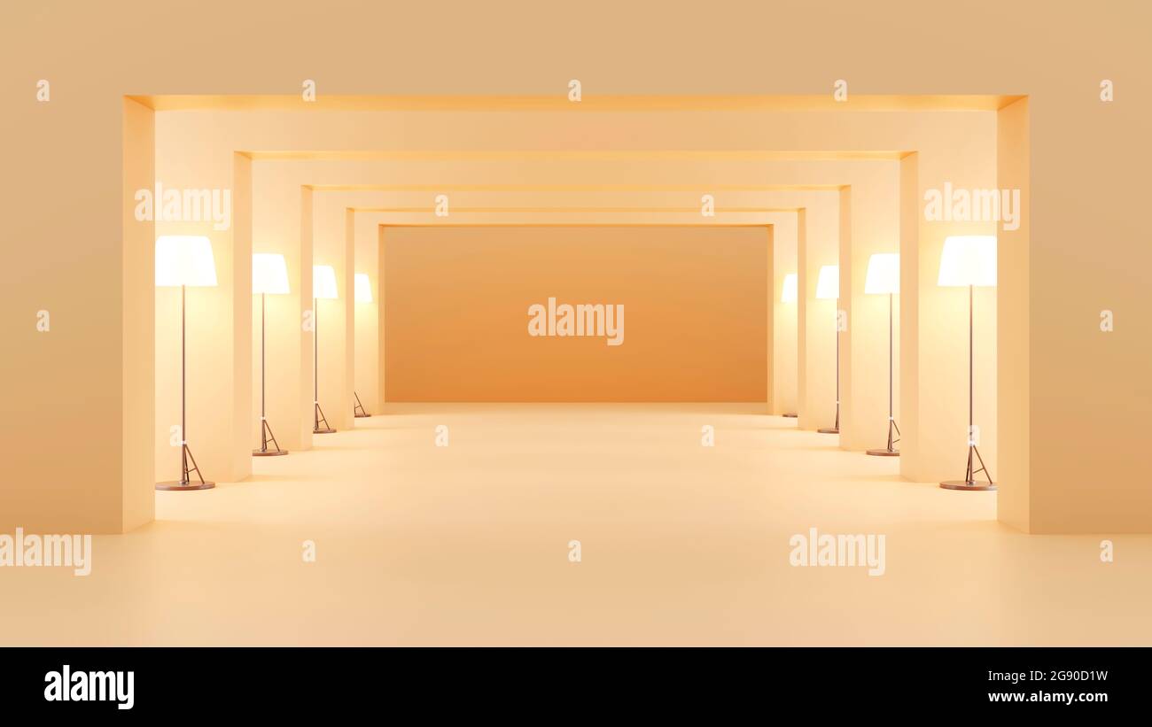 Rappresentazione tridimensionale del corridoio di colore beige illuminato da file di lampade da pavimento Foto Stock