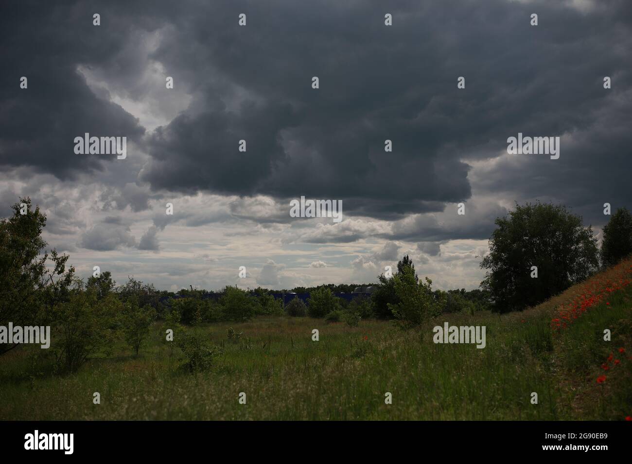 cielo nuvoloso e blu piovoso sul campo Foto Stock