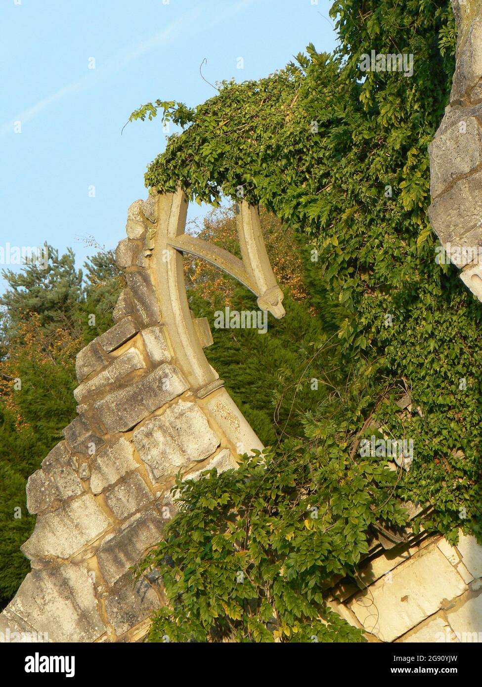 Ivy che copre un arco in pietra rovinata su un edificio abbandonato e sbriciolante. La luce della sera d'oro illumina la pietra; gli alberi sullo sfondo e un blu Foto Stock