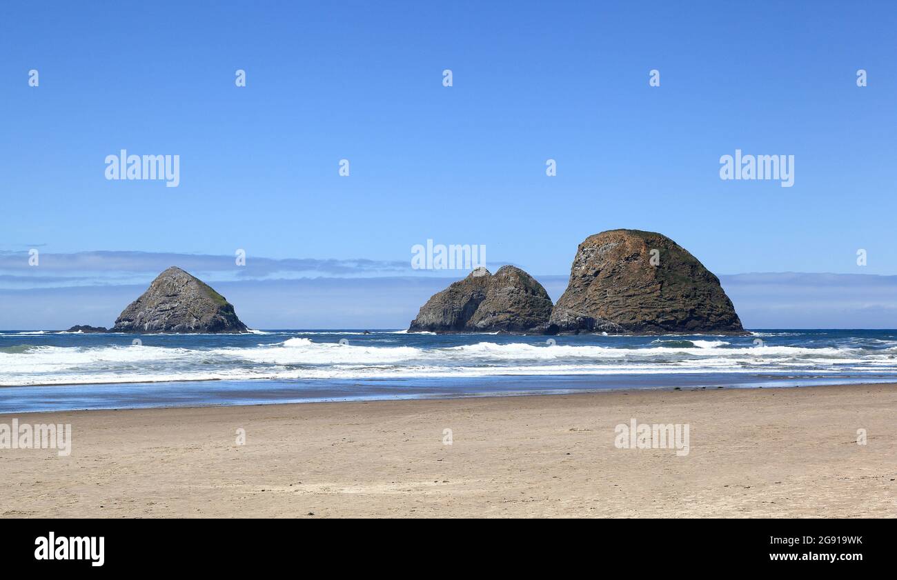 Lungo la costa dell'Oregon: Three Arch Rocks National Wildlife Refuge, situato appena al largo della costa a Oceanside. Foto Stock