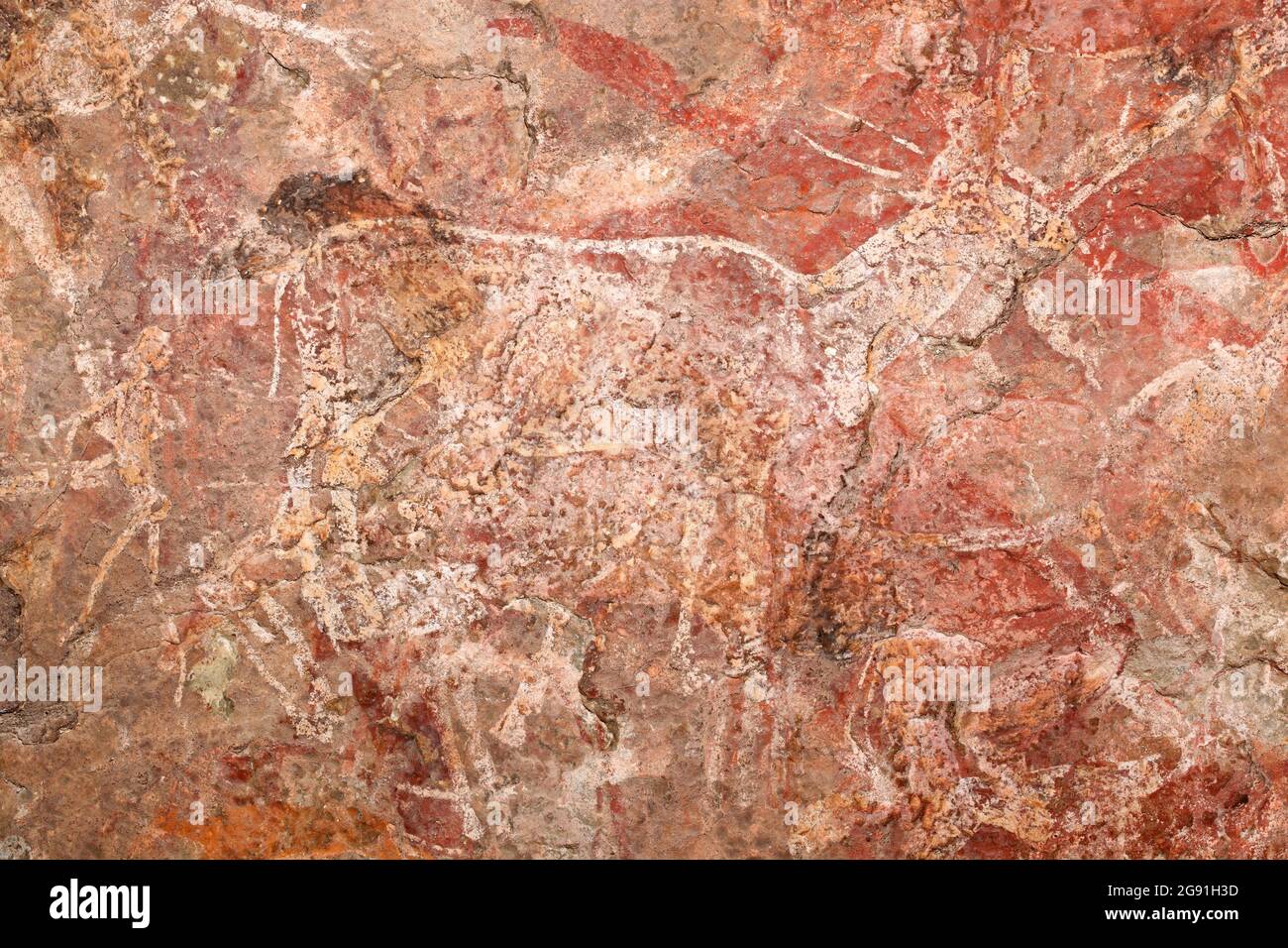 Boscimani (san) pittura rupestre di un'antilope e di figure umane, Sudafrica Foto Stock