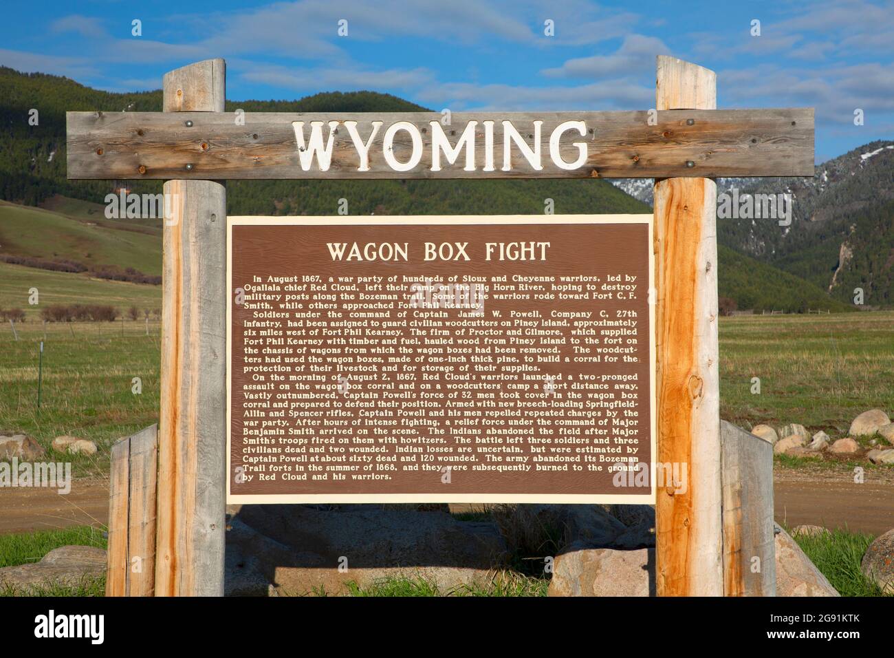 Storia bordo, Wagon Box Fight luogo storico, Wyoming Foto Stock