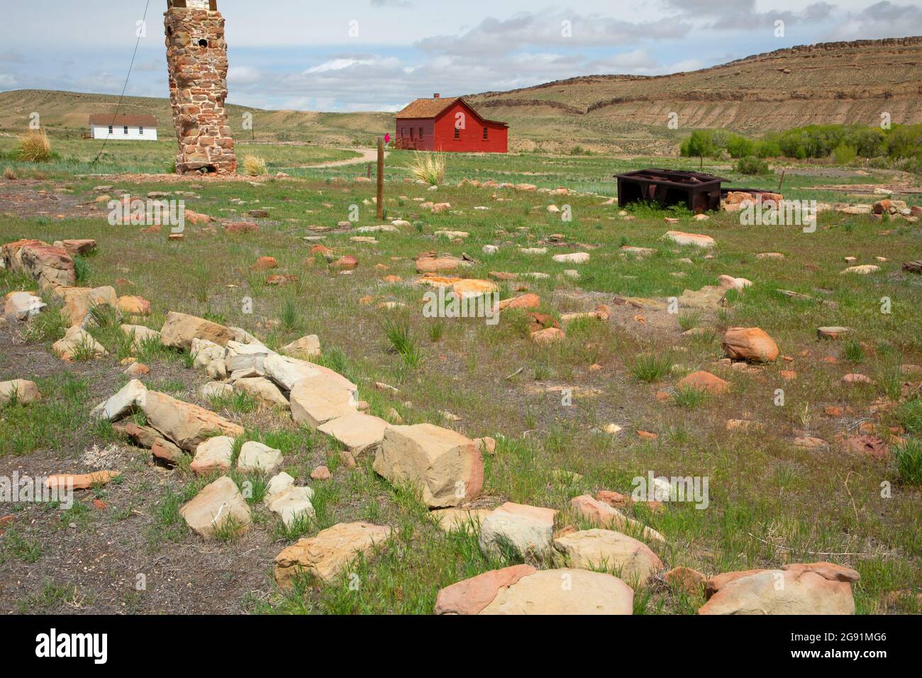 Rovine del forte al quarto edificio del Maestro, Fort Fred Steele state Historic Site, Wyoming Foto Stock