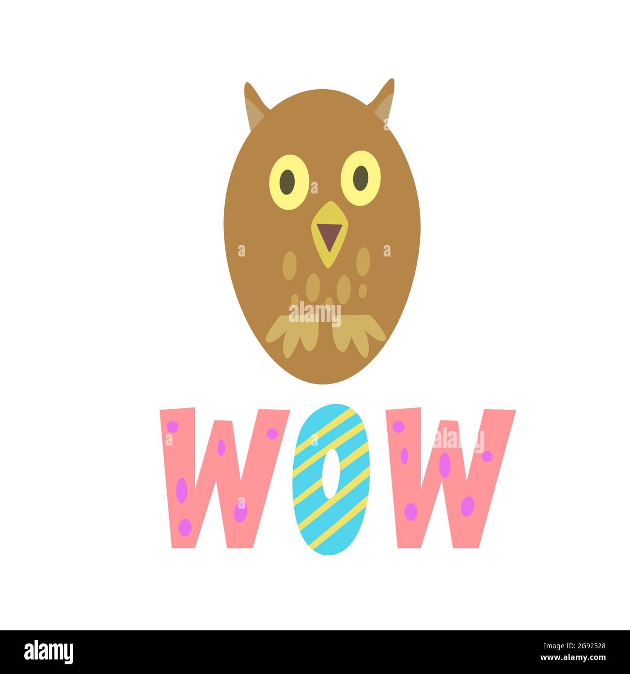 Divertente cute gufo sorpreso con wow parola in stile scritto a mano. Illustrazione Vettoriale