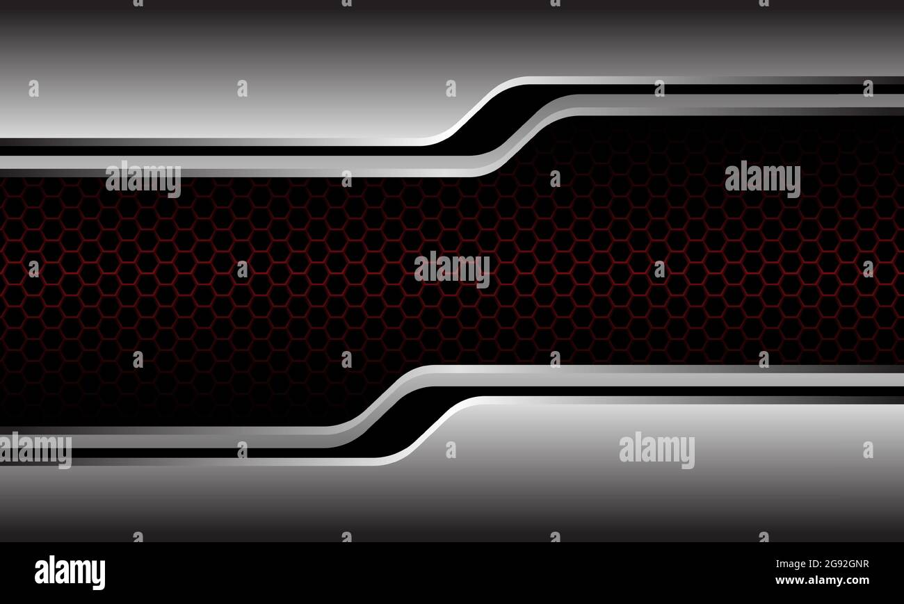 Linea nera in argento astratto con motivo a rete esagonale rosso scuro, design moderno e lussuoso, sfondo futuristico, illustrazione vettoriale. Illustrazione Vettoriale