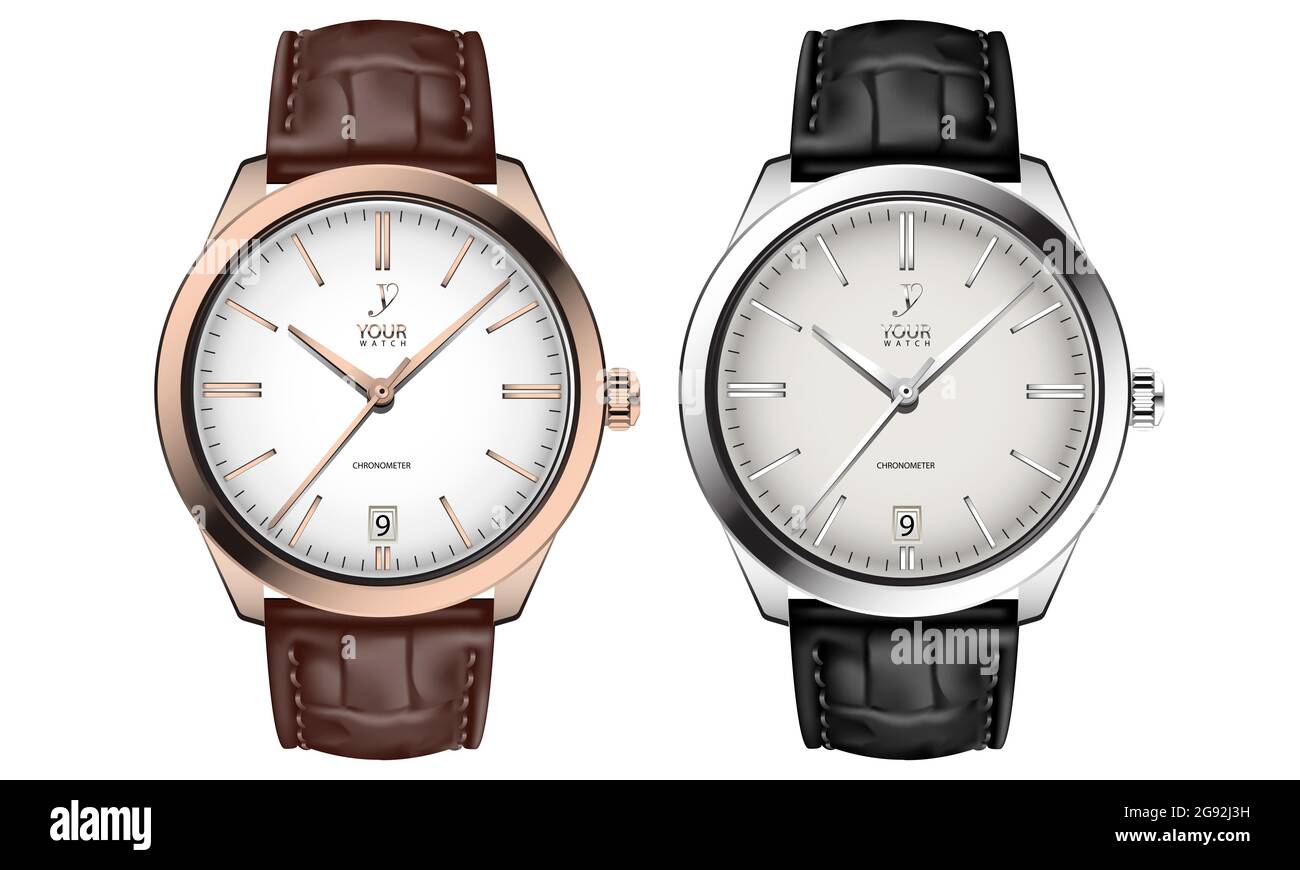 Orologio realistico oro argento cinturino pelle nero marrone collezione su bianco design classico lusso illustrazione vettoriale. Illustrazione Vettoriale