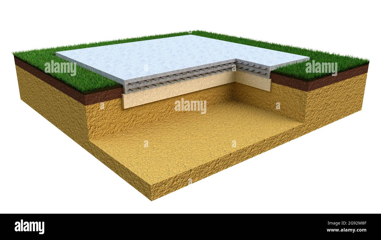 Fondazioni di tipo slab-on-grade - rendering industriale 3D isolato Foto Stock