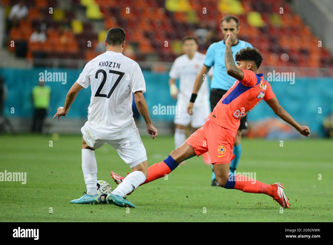 Florinel Coman FCSB durante la Conferenza UEFA gioco di Lega tra FCSB Bucarest vs Shakhtar Karagandy Kazahstan 22.07.2021, Bucarest , Romania Foto Stock