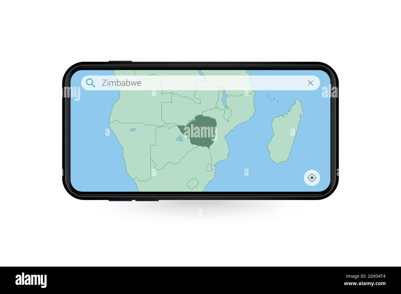 Ricerca della mappa dello Zimbabwe nell'applicazione mappa per smartphone. Zimbabwe sulla mappa di Cell Phone. Illustrazione vettoriale. Illustrazione Vettoriale