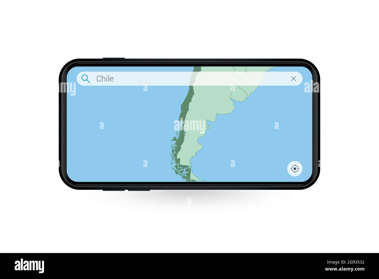 Ricerca della mappa del Cile nell'applicazione mappa smartphone. Mappa del Cile in cellulare. Illustrazione vettoriale. Illustrazione Vettoriale
