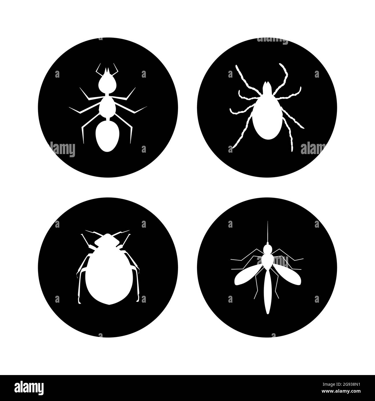 Insetti nocivi Imposta icona isolata su sfondo bianco. Segno di spunta, formica, pulce e zanzara all'interno del cerchio nero. Etichetta di controllo dei parassiti. Illustrazione vettoriale Illustrazione Vettoriale
