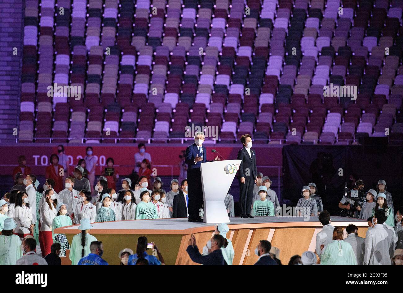 Il Presidente del CIO, Dr. Thomas BACH, ha tenuto un discorso, cerimonia di apertura alle Olimpiadi, il 23 luglio 2021, Giochi Olimpici estivi 2020, a partire dal 23 luglio. - 08.08.2021 a Tokyo/Giappone. Foto Stock