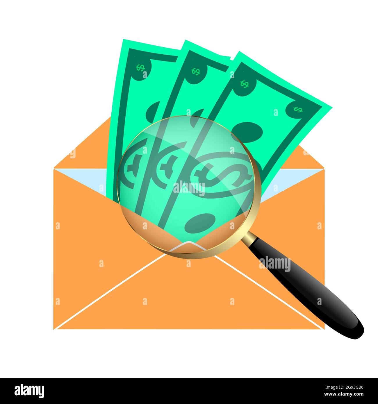 Una busta postale con denaro e una lente d'ingrandimento. Illustrazione Vettoriale