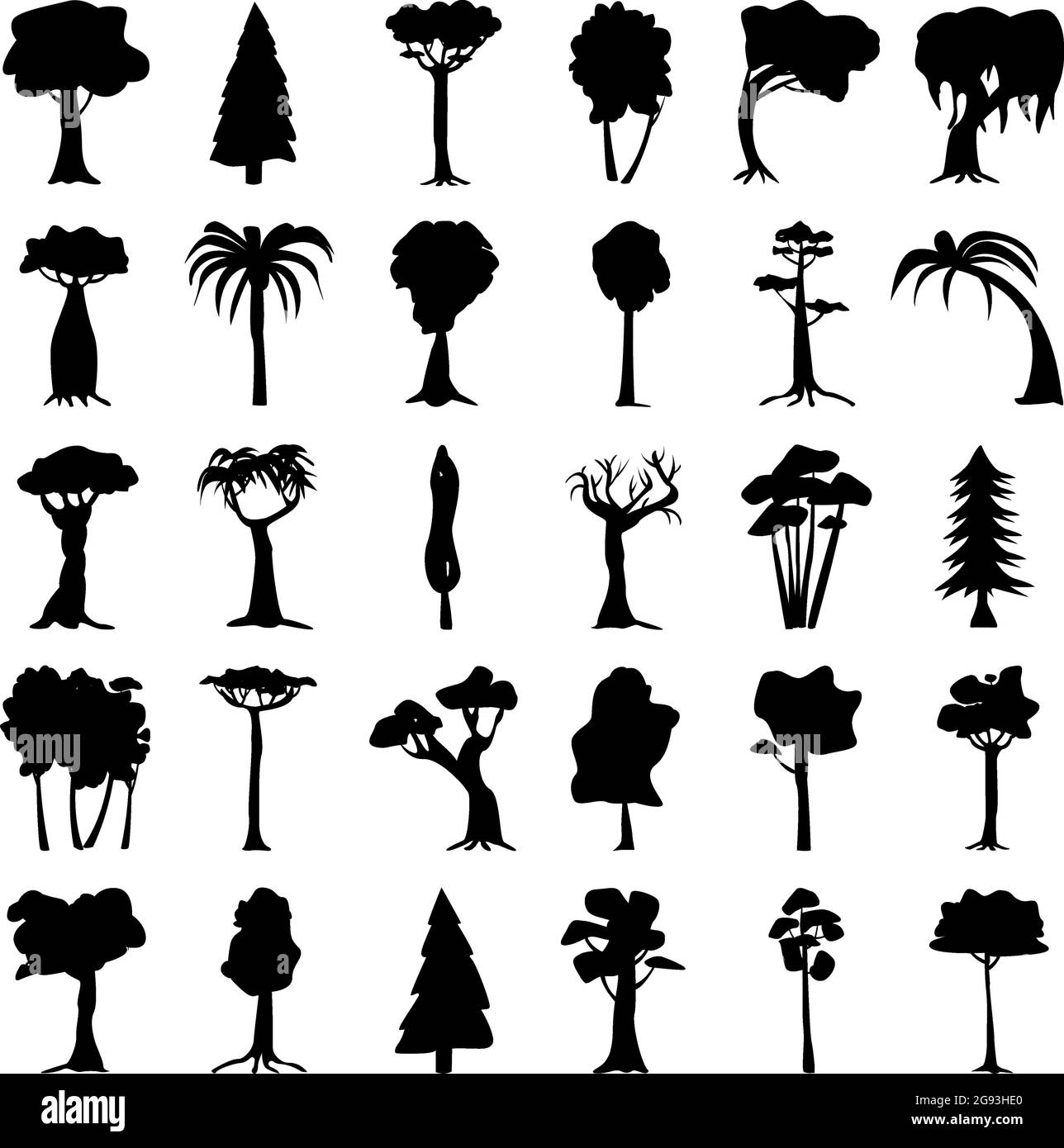 Sagome nere di alberi di diverse zone climatiche su sfondo bianco - illustrazione vettoriale Illustrazione Vettoriale