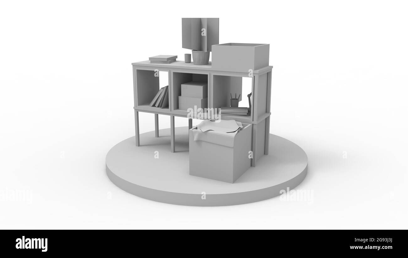 Rendering 3D di un piccolo armadio armadio ripostiglio su un podio isolato su sfondo bianco. Foto Stock