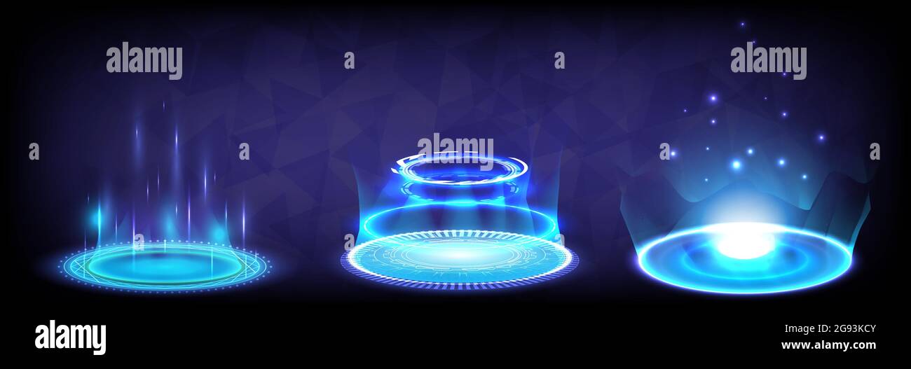 Collezione digitale high-tech sci-fi in brillante HUD. Portale di ologramma della scienza futuristica. Porta di ordito magico in fantasia di gioco. Tecnologia astratta. Circl Illustrazione Vettoriale