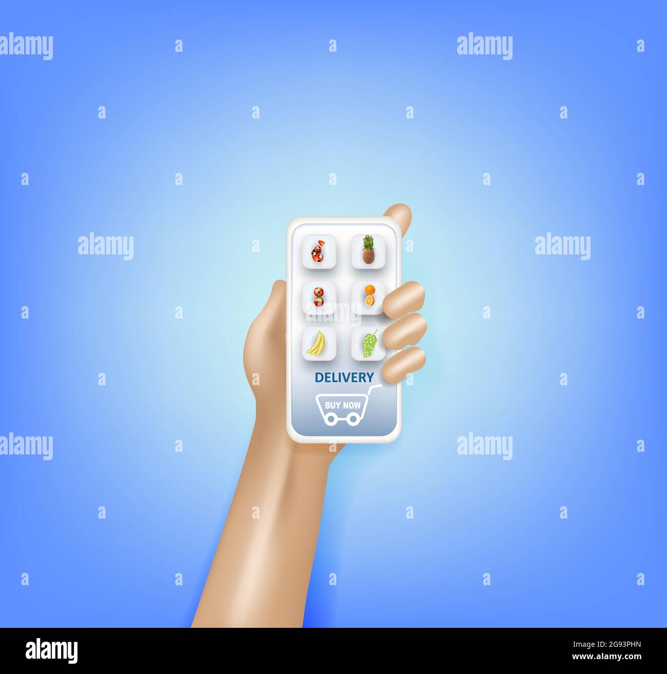 Consegna di generi alimentari e di shopping via smartphone il concetto di app. Vettore isometrica di una cesta piena di verdure e di alimenti in un display dello smartphone Illustrazione Vettoriale