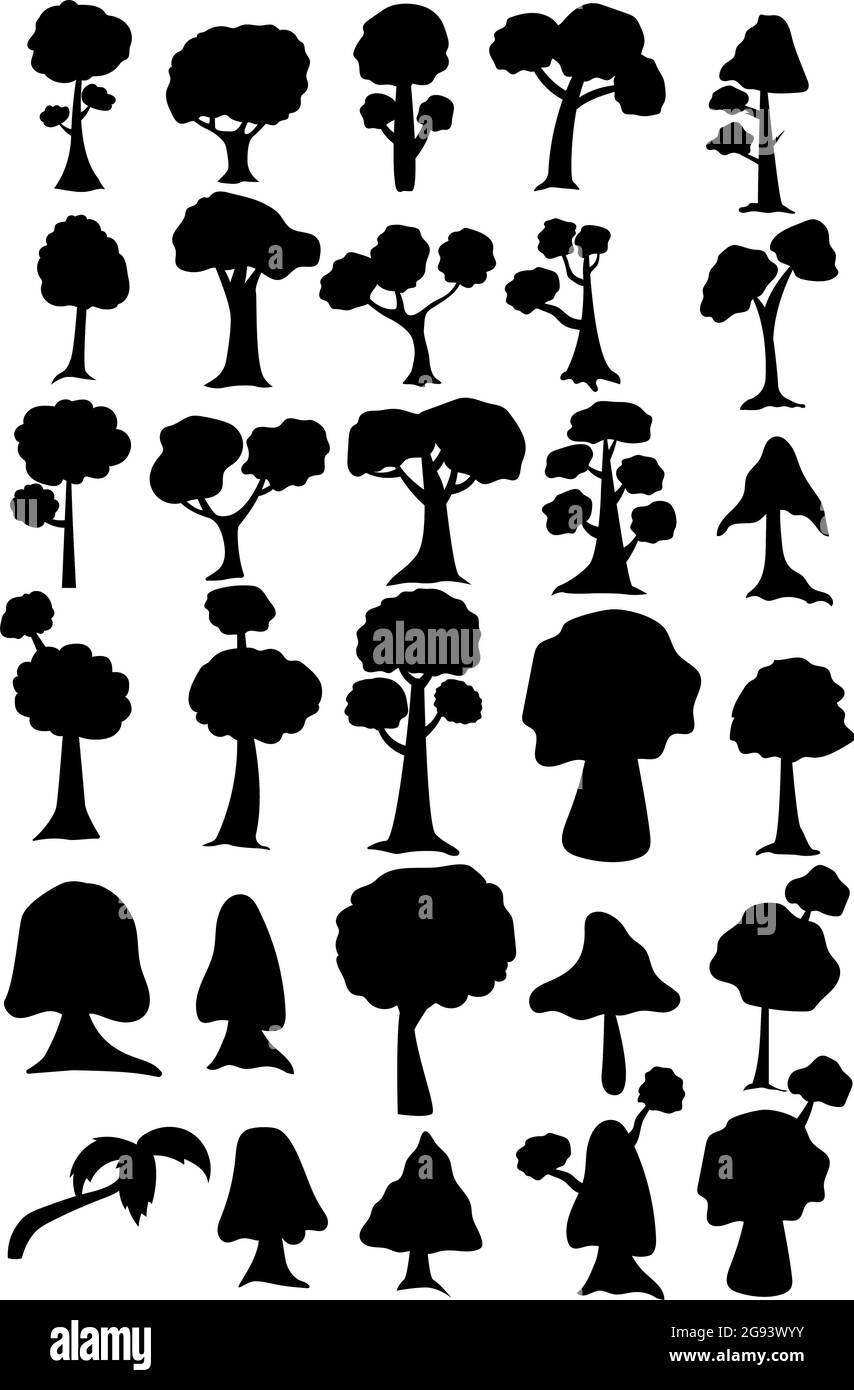 Sagome nere di alberi di diverse zone climatiche su sfondo bianco - illustrazione vettoriale Illustrazione Vettoriale