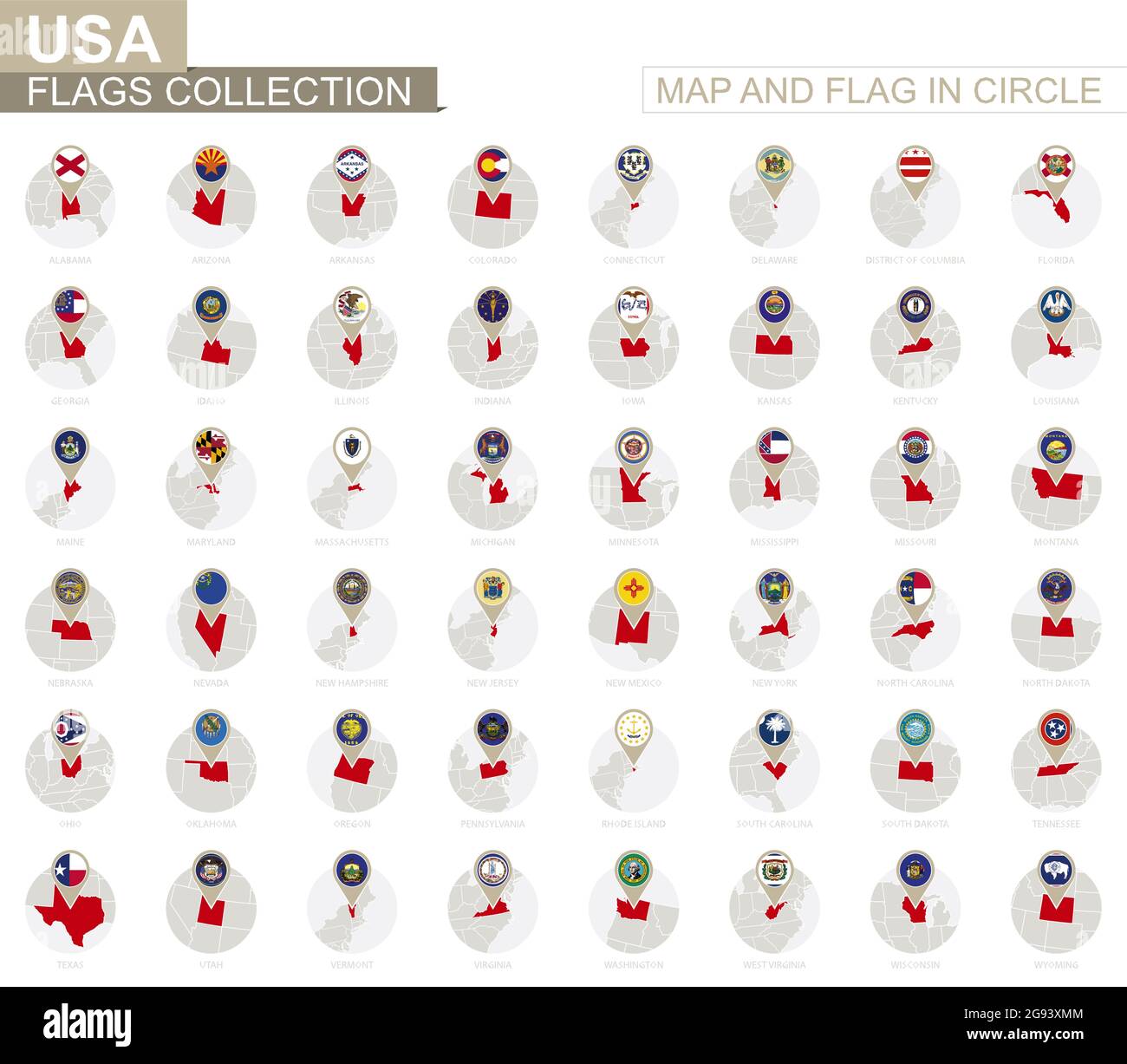 Mappa e Bandiera in cerchio, Stati Uniti Collezione. Flag e mappe in ordine alfabetico. Illustrazione vettoriale. Illustrazione Vettoriale