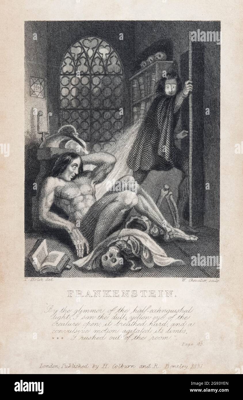 Frontespizio di ‘Frankenstein; o, il Prometheus moderno’ di Mary Shelley (1797-1851) pubblicato per la prima volta nel 1818, che mostra Victor Frankenstein in fuga dalla stanza quando la creatura prende vita. Fotografia di un'illustrazione di Theodor von Holst (1810-1844) di un'edizione originale del 1831. Credit: Collezione privata / AF Fotografia Foto Stock