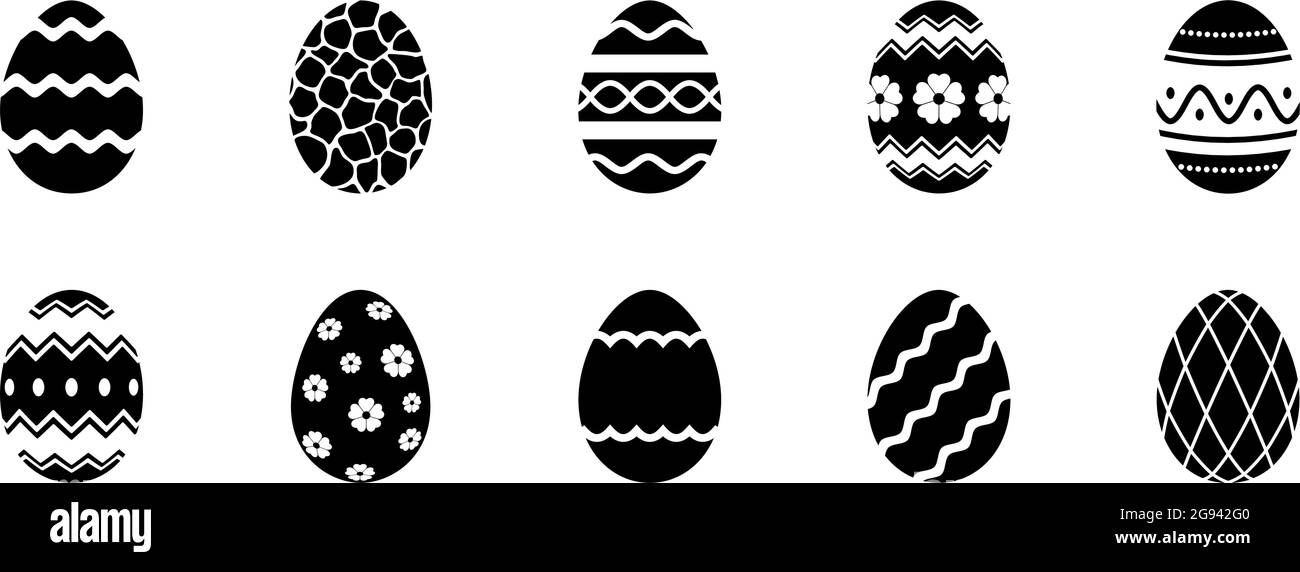 Uovo di Pasqua su sfondo bianco isolato. Ogni uovo in una forma unita nera. Colore modificabile. Illustrazione Vettoriale