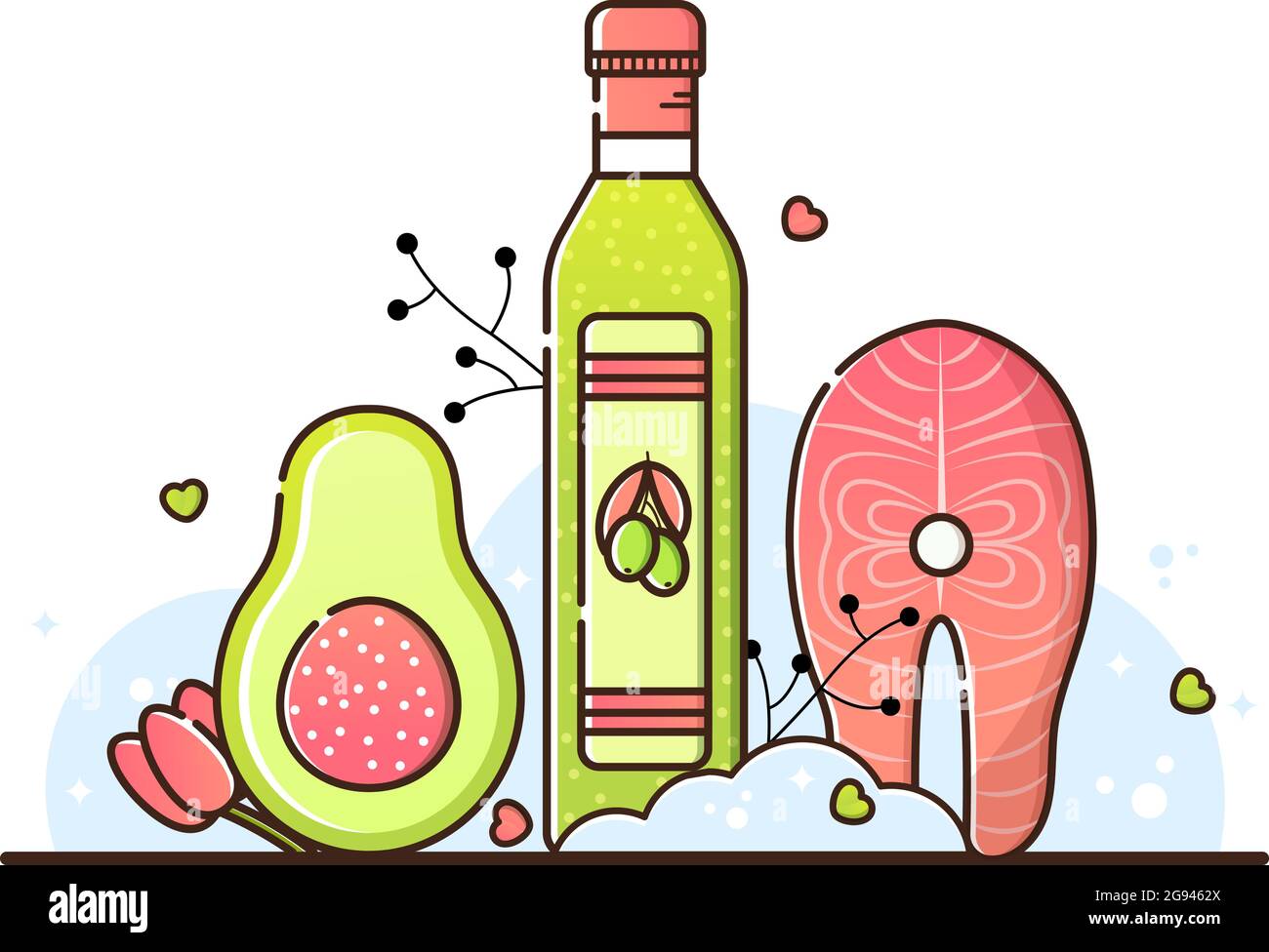 Illustrazione vettoriale della dieta del keto su sfondo bianco. Olio d'oliva, bistecca di salmone e avocado. Prodotti utili per la perdita di peso, la cottura. Il menu per Th Illustrazione Vettoriale