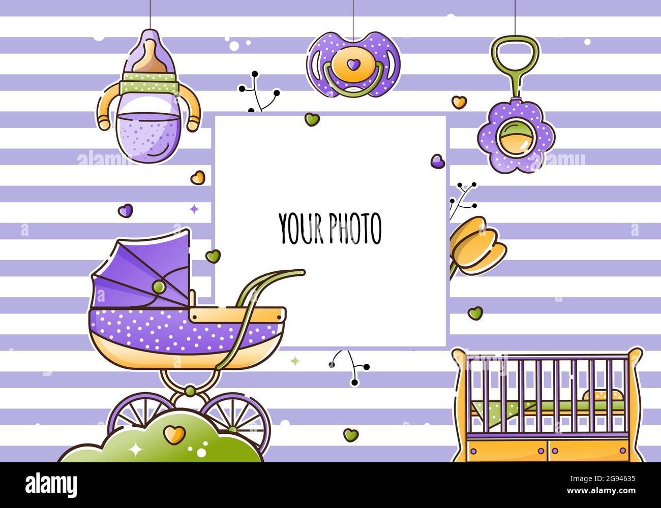 Modello di bambino vettoriale per la scheda vacanze per il neonato. Culla, sedia, passeggino, bottiglia, giocattolo e vestiti in stile lineare. Background per l'invito, metriche, Illustrazione Vettoriale