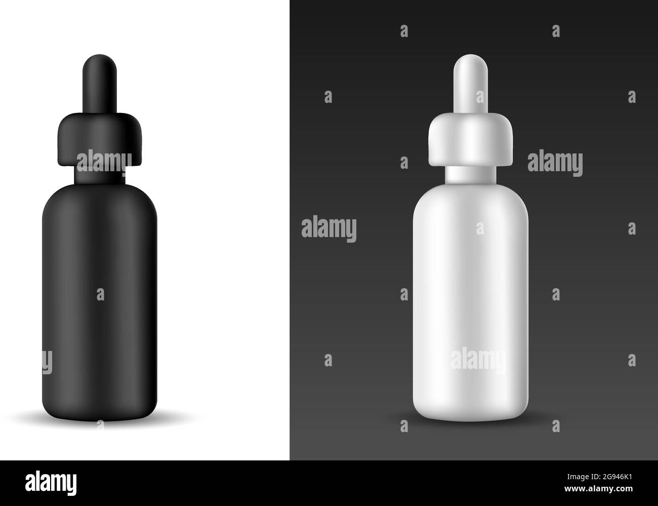 Set di flaconi per siero bianco bianco bianco e nero per fluidi cosmetici oggetto isolato vettoriale su sfondo bianco. Mock up per banner, scheda Illustrazione Vettoriale