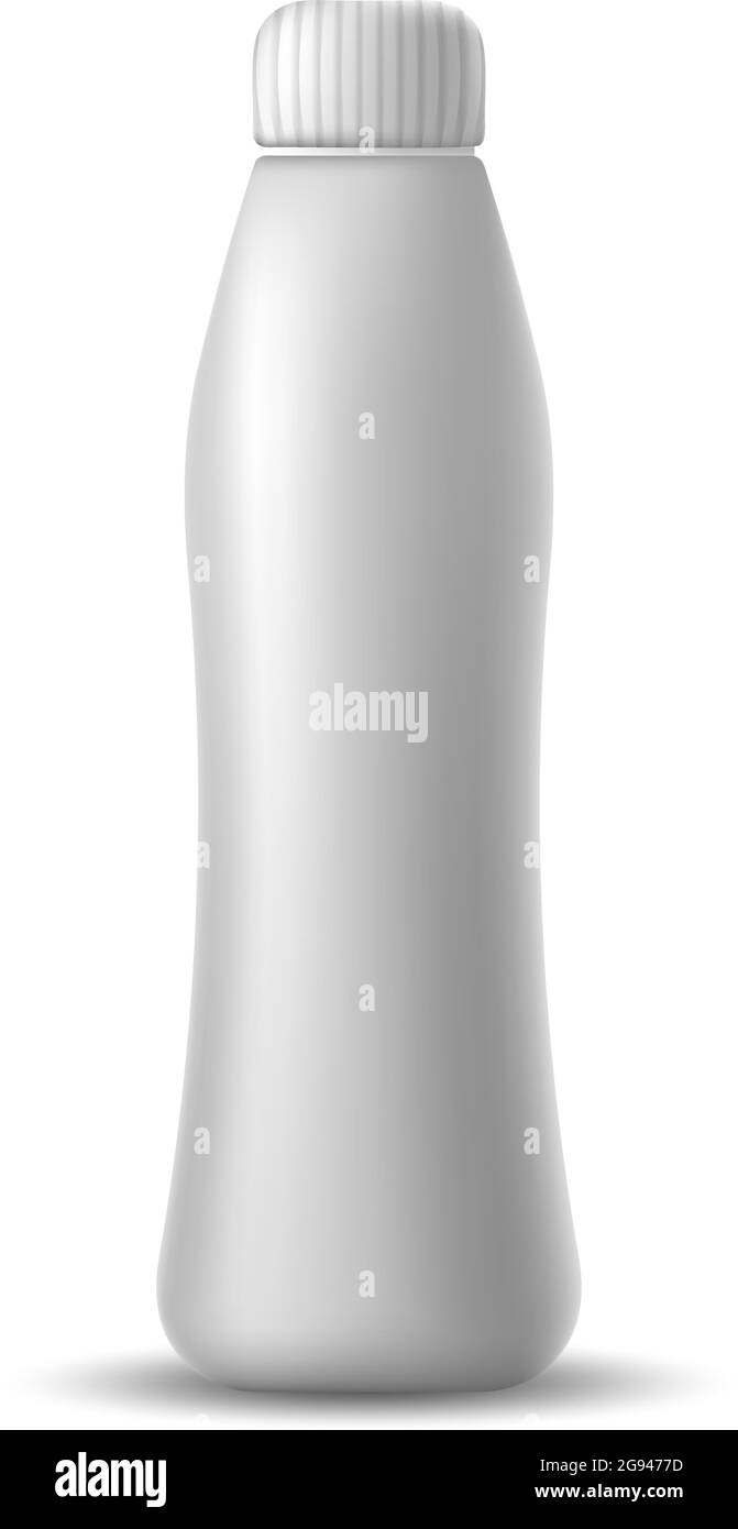 Biberon bianco realistico in plastica vuota per yogurt, latte e succo di frutta. Oggetto vettoriale isolato su sfondo bianco. Fallo per striscioni, carte, brochure e boo Illustrazione Vettoriale