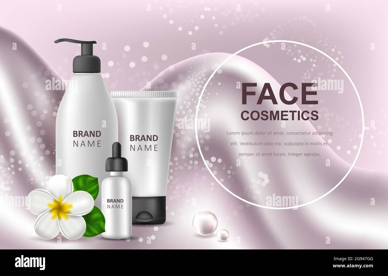 Immagine vettoriale realistica con bianco di un flacone per siero e gel. Fiori tropicali hawaiani frangipani. Banner per pubblicità e promozioni Illustrazione Vettoriale