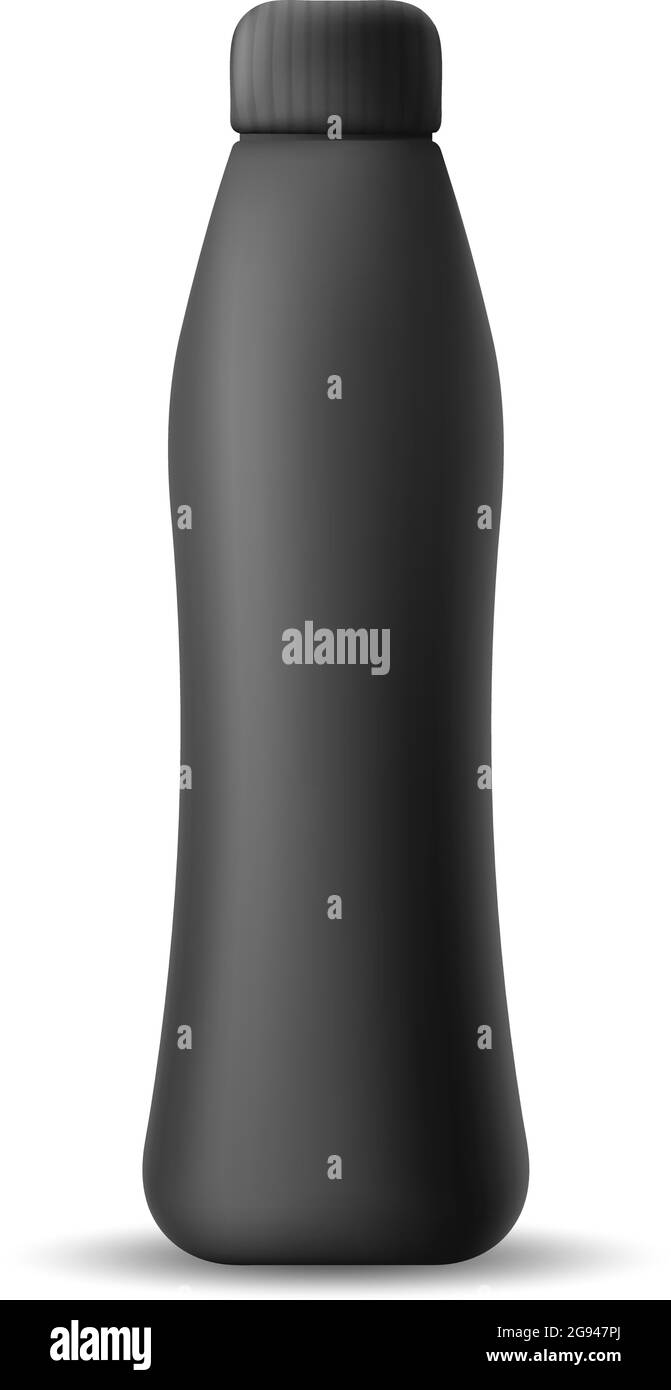 Bottiglia nera in plastica vuota realistica per yogurt, latte e succo di frutta. Oggetto vettoriale isolato su sfondo bianco. Fallo per striscioni, carte, brochure e boo Illustrazione Vettoriale