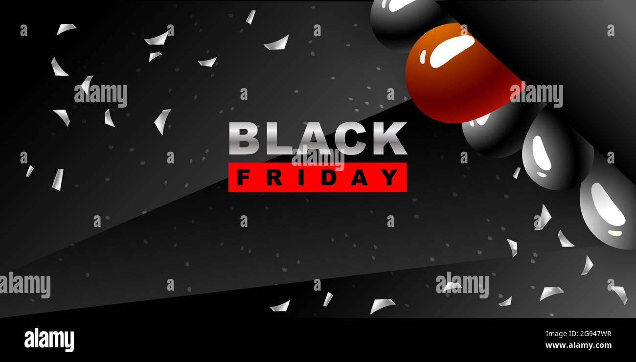 Sfondo vettoriale black friday. Modello scuro per un banner con palloncini neri Illustrazione Vettoriale