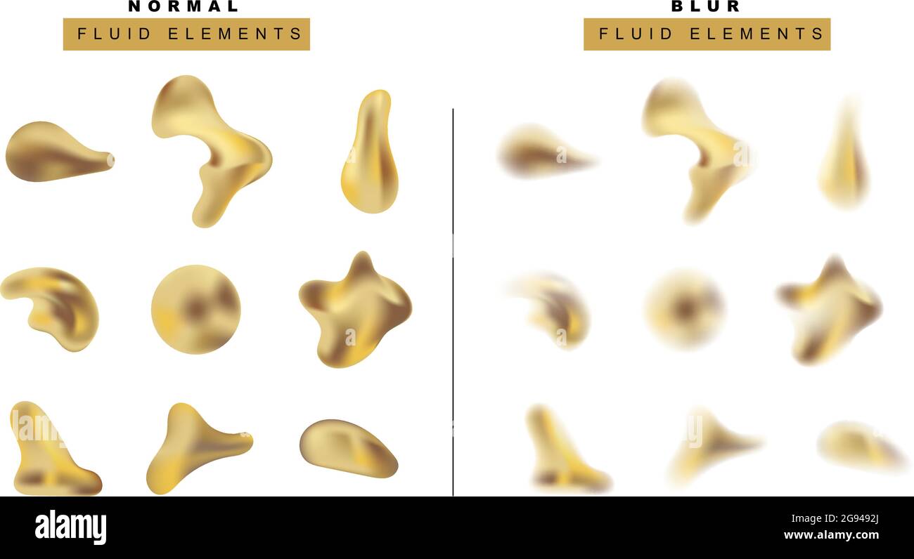 Set vettoriale di gocce di liquido metallico dorato realistico. Effetti fluidi forme sfocate. Sfera di gradiente e bolle. Oggetti isolati su un trasparente per ba Illustrazione Vettoriale