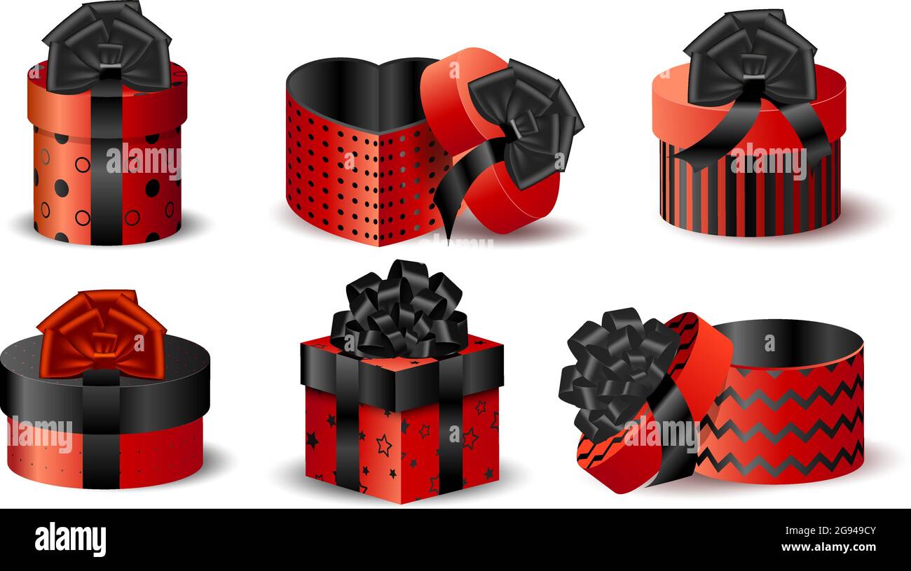 Set di confezioni realistiche 3D rosse con arco nero. Vettore isolato oggetti su sfondo bianco presenti per natale e Capodanno e valentine Illustrazione Vettoriale