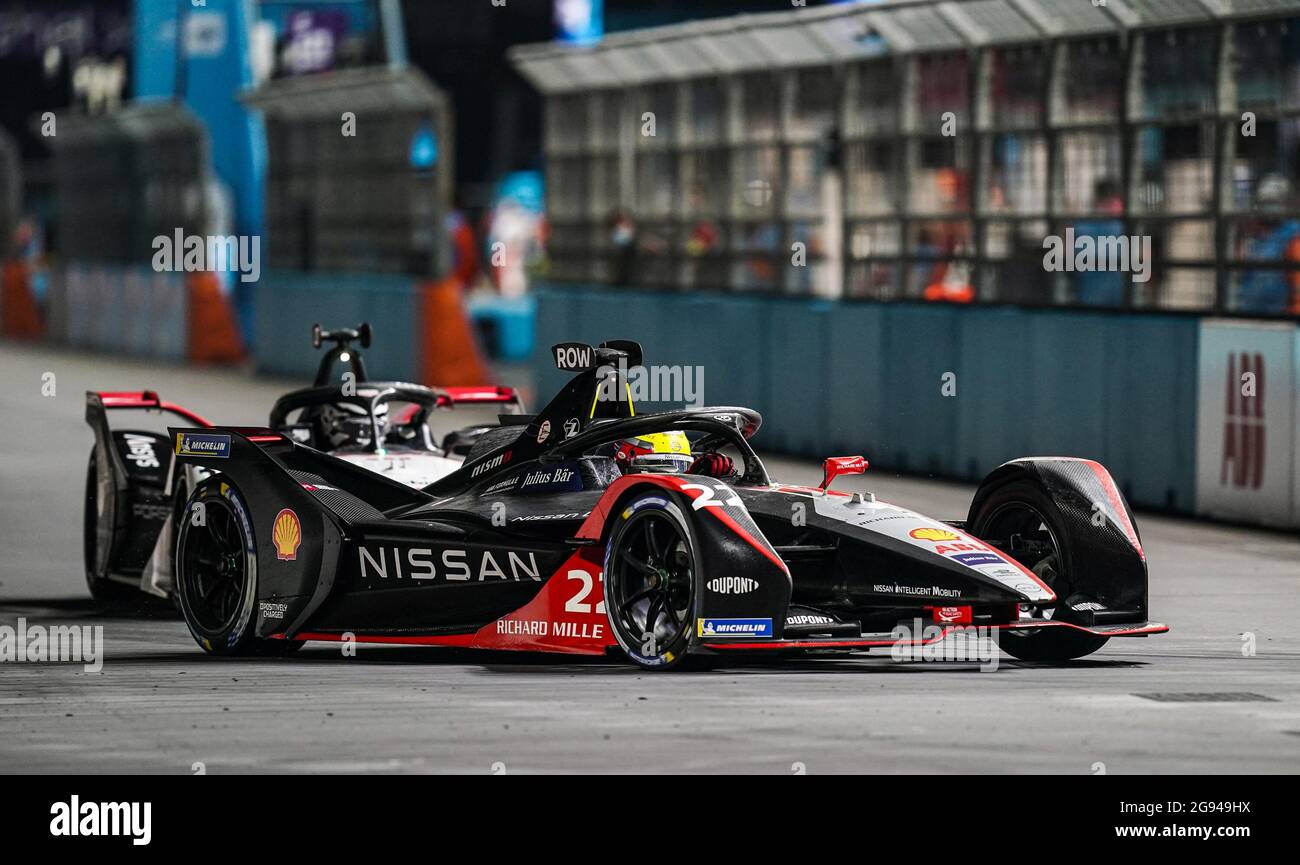 Il pilota della Nissan e.dams Sebastien Buemi durante le qualifiche per l'e-Prix di Londra Heineken all'Excel London. Data immagine: Sabato 24 luglio 2021. Foto Stock