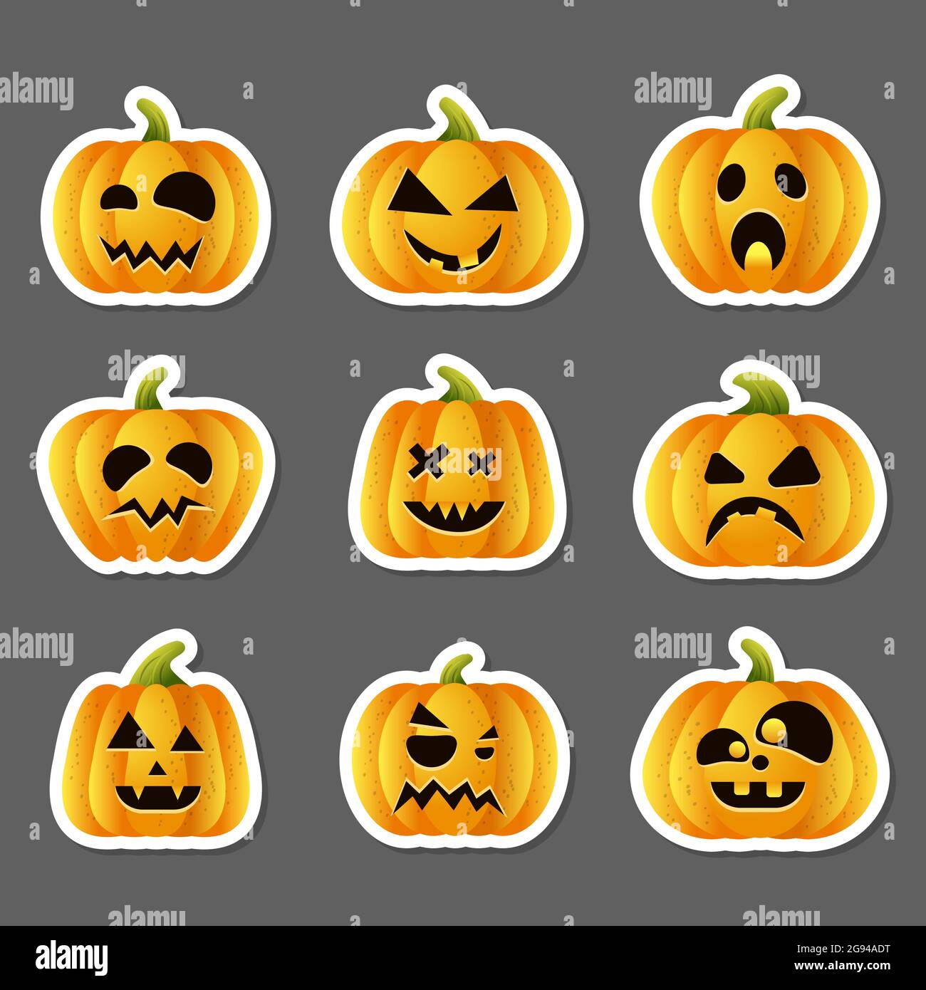 Set di pumpkins halloween Stikers, divertente immagine vettoriale volti Illustrazione Vettoriale