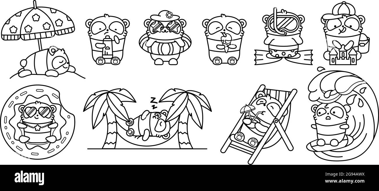 Una serie di piccoli panda carini in una vacanza estiva. Festa in spiaggia. Illustrazione vettoriale in stile lineare su sfondo bianco. Orso di Kawai. Colorante bo Illustrazione Vettoriale