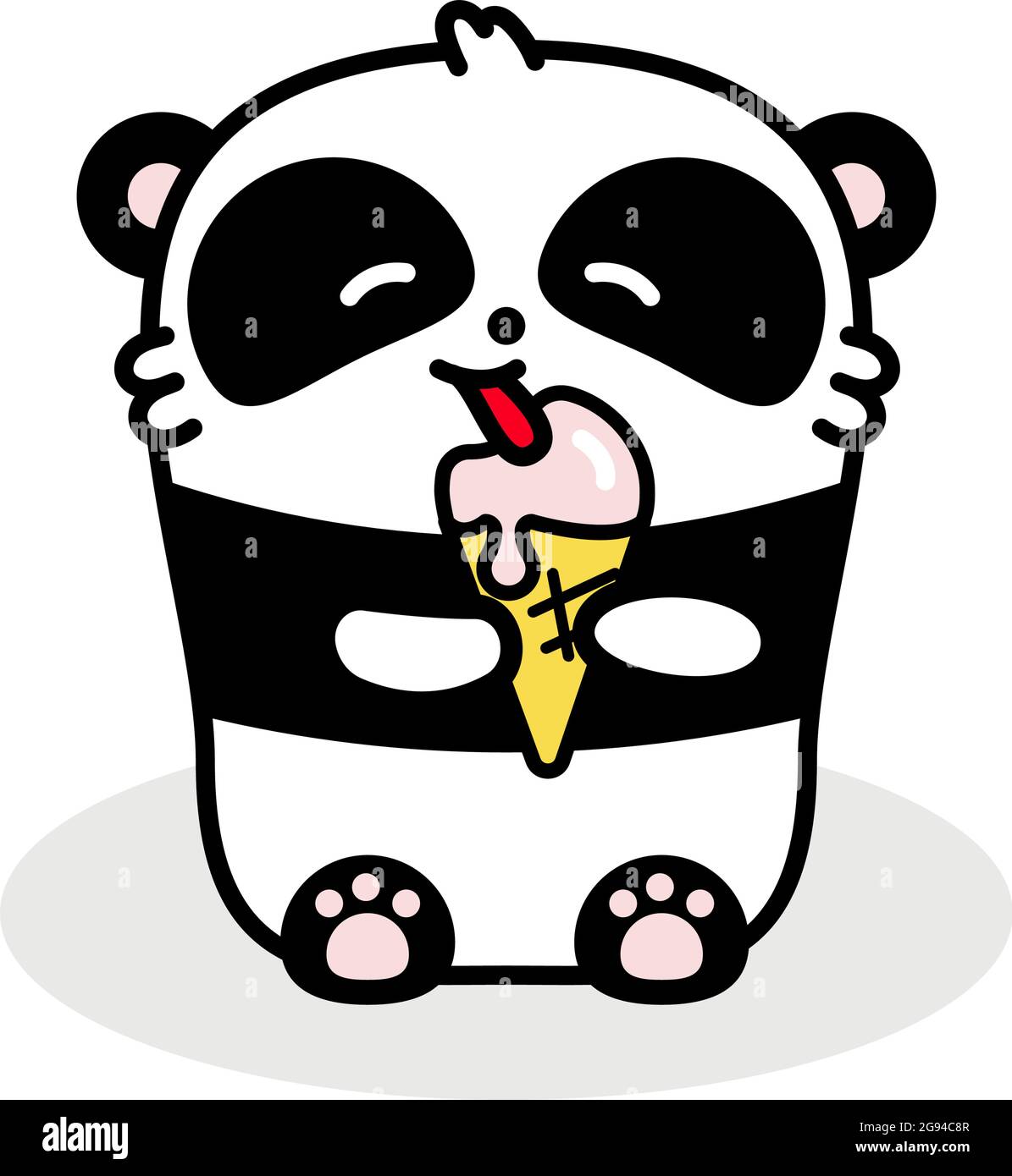Il panda poco carino mangia il gelato. Immagine vettoriale piatta in stile lineare su sfondo bianco. Orso di Kawai Illustrazione Vettoriale