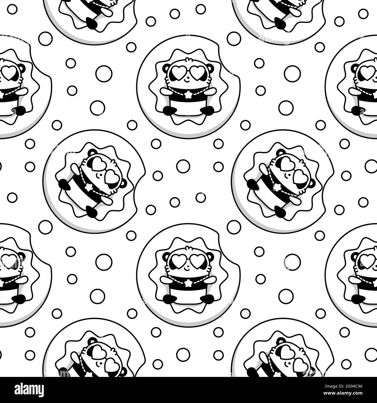 Carino panda kawaii orso in mare estate vacanza. Ripetizione senza giunture monocromatica piatta vettoriale in stile lineare Illustrazione Vettoriale