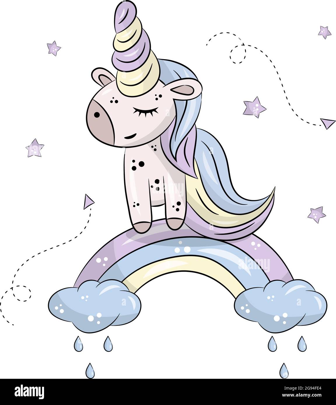 Unicorno carino su un arcobaleno su sfondo bianco con stelle. Illustrazione vettoriale disegnata a mano. Illustrazione Vettoriale