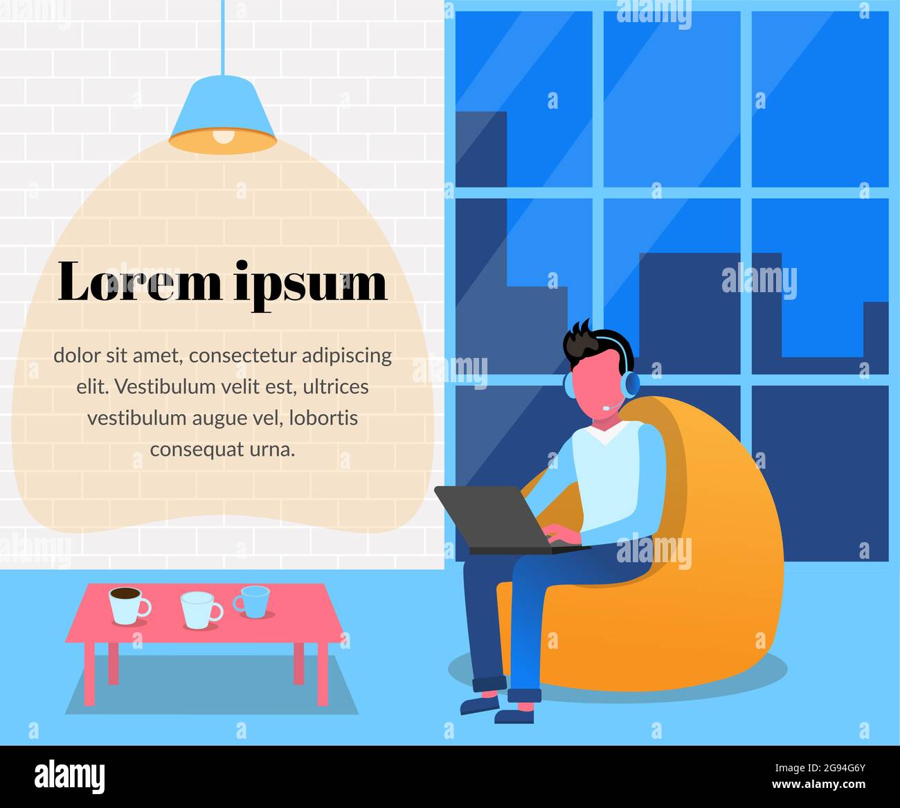 Uomo in cuffia con laptop in borsa. Ufficio in stile loft, finestra panoramica. Colleghi, flusso di lavoro. Illustrazione piatta vettoriale nello stile di a. Illustrazione Vettoriale