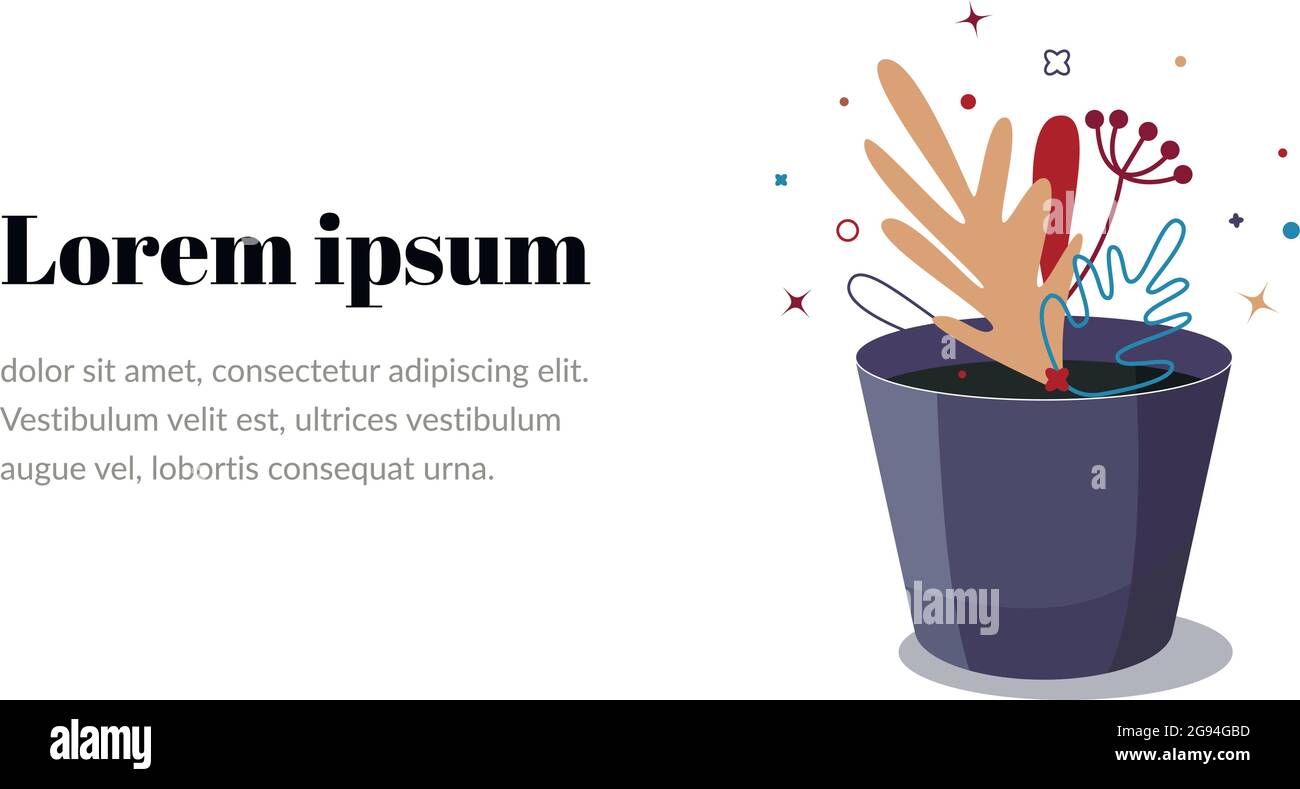 Pentola con fiori e foglie di palme e monstera su sfondo bianco. Illustrazione vettoriale piatta, adatta per siti Web, banner, poster e pr Illustrazione Vettoriale