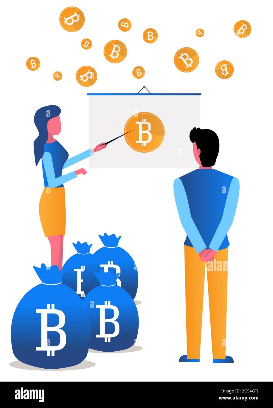 La ragazza analizza la crescita della criptovaluta bitcoin. Molte monete. Vettore piatto illustrazione in stile moderno, cartoon su sfondo bianco Illustrazione Vettoriale